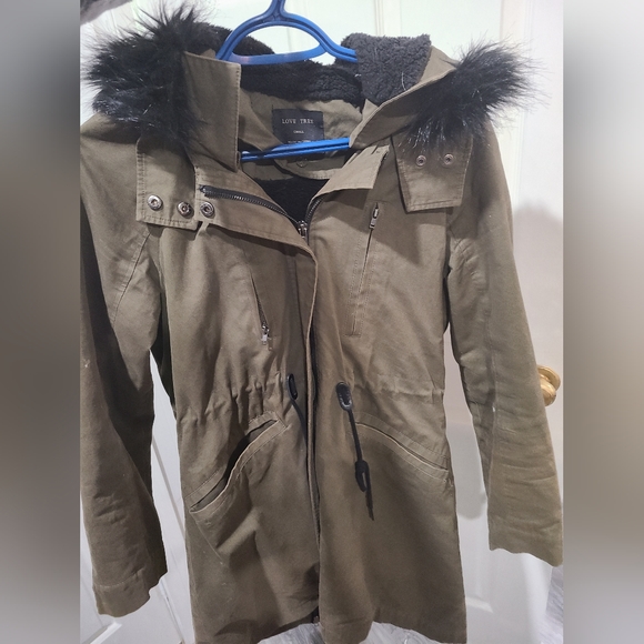 Women's Small Drawstring Military Green Winter Coat - Picture 2 of 5